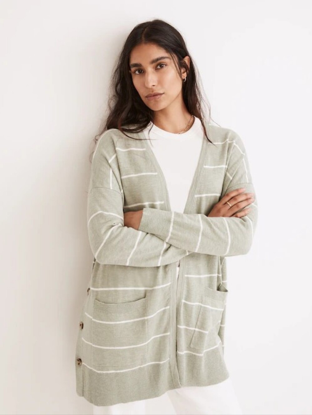 Madewell Striped Marlton Side-Button Cardigan Sweater Frosted Sage XS Linen